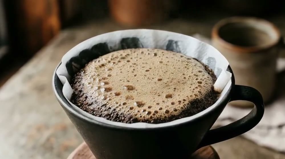 A pour-over cone with the coffee bed domed and bubbling as it blooms.