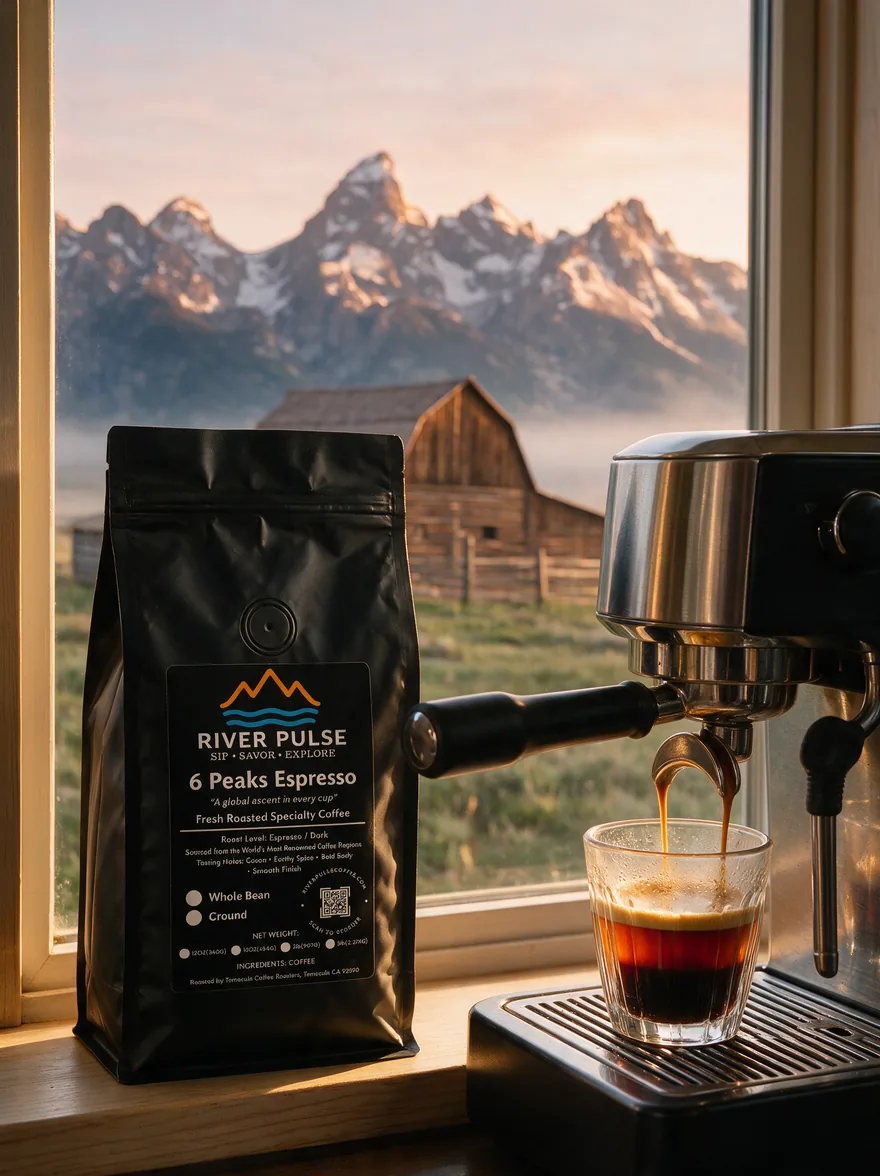 A bag of 6 Peaks Espresso on a windowsill beside an espresso machine pulling a shot, the Teton range beyond the glass at sunrise.
