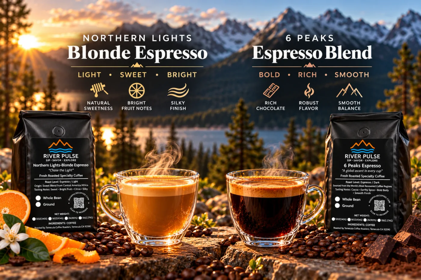 Two bags and two filled glass cups on a rock above a mountain lake at sunrise. On the left, Northern Lights Blonde Espresso — light, sweet and bright, with natural sweetness, bright fruit notes and a silky finish. On the right, 6 Peaks Espresso Blend — bold, rich and smooth, with rich chocolate, robust flavour and a smooth balance.
