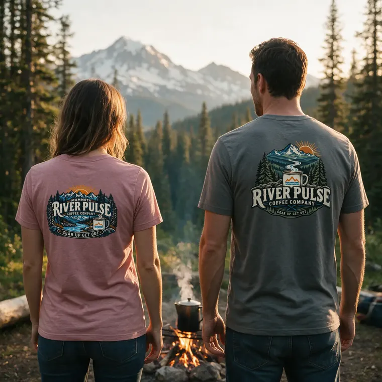A couple at a campfire looking out at a snow-capped peak, both in River Pulse tees - hers the Mammoth design in heather mauve, his the mountain and mug design in grey.