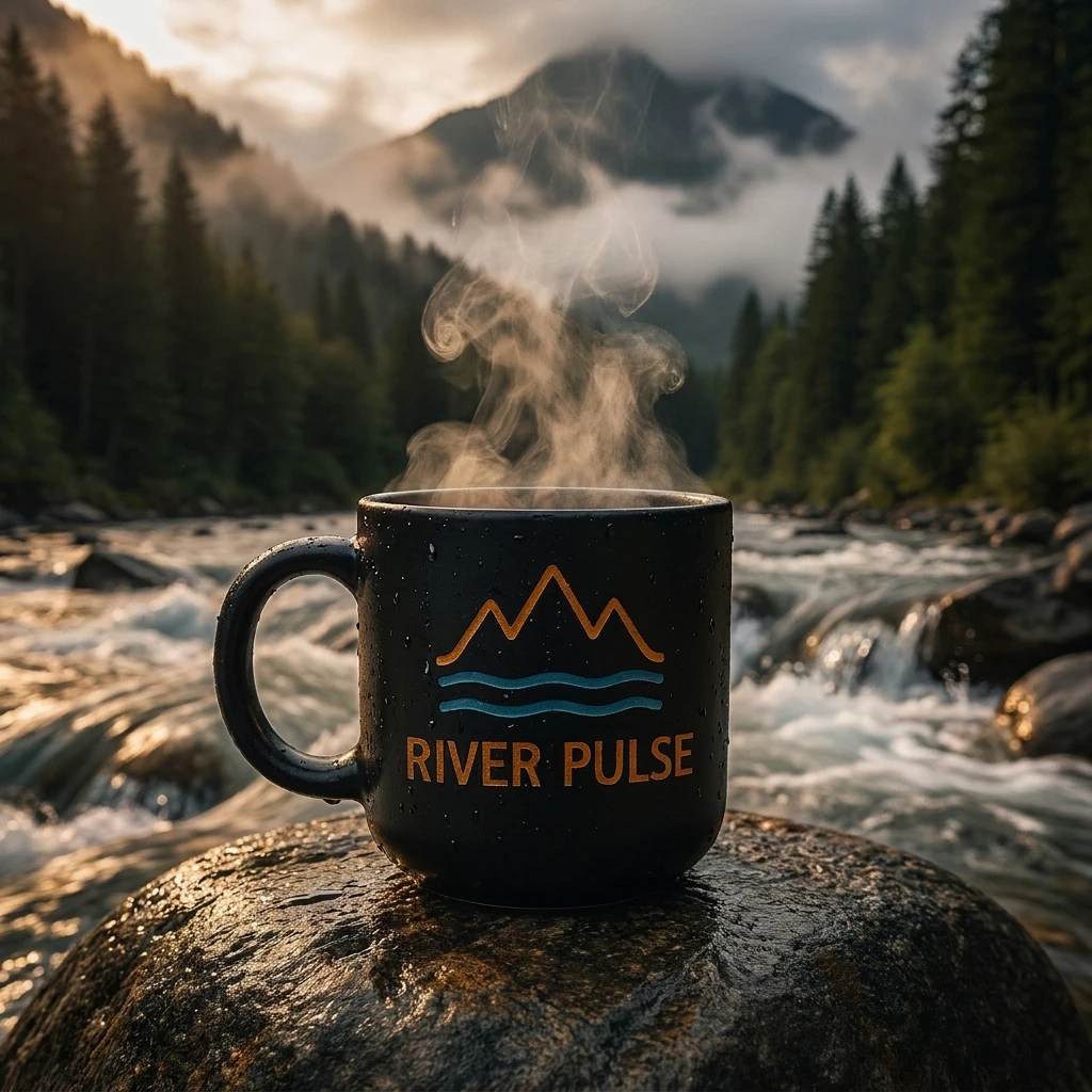 A black River Pulse mug steaming on a boulder beside fast whitewater, forested mountains behind.