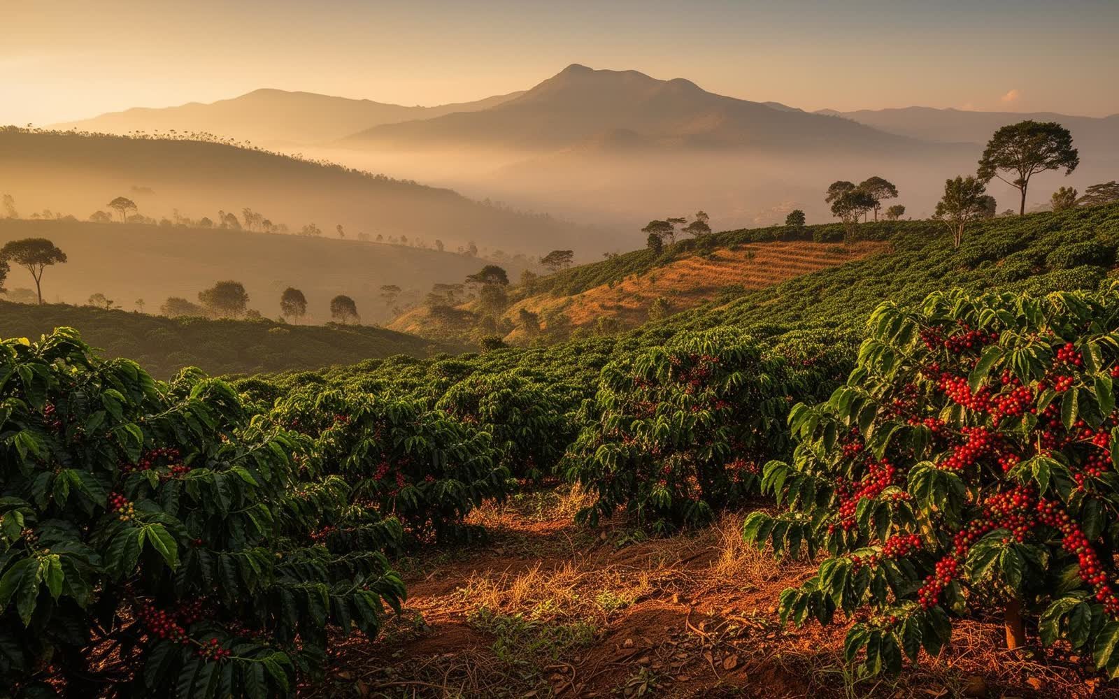 Rows of coffee shrubs heavy with ripe red cherries on a Sidama hillside at dawn, misty highlands beyond.