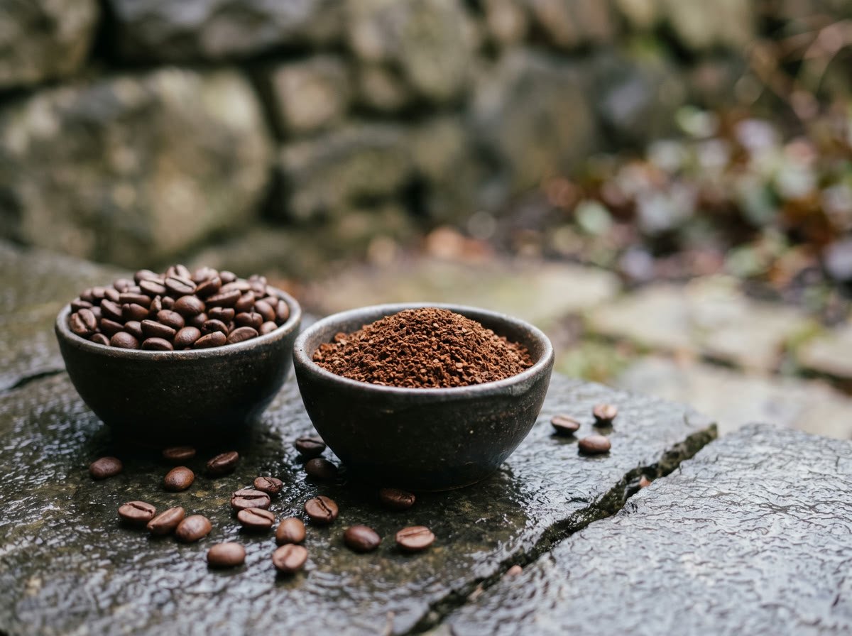 Coffee bags and a grind selection laid out on dark stone.