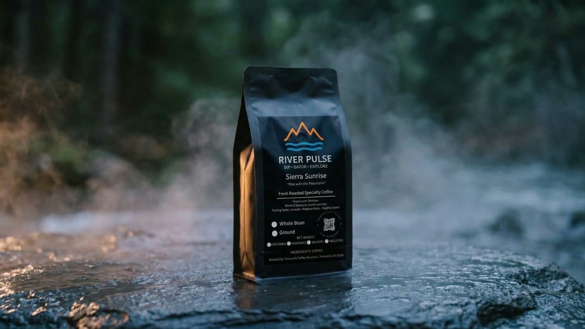 A Sierra Sunrise bag standing on wet rock beside a misty forest stream.